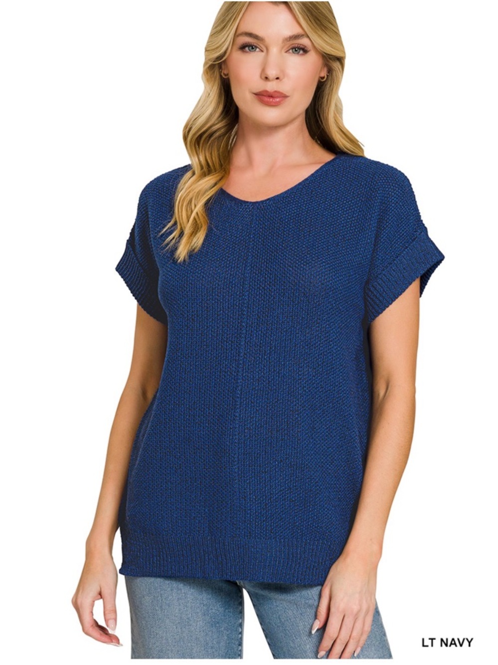 Lightweight Knit Short-Sleeve Sweater Top - LT Navy **NEW**